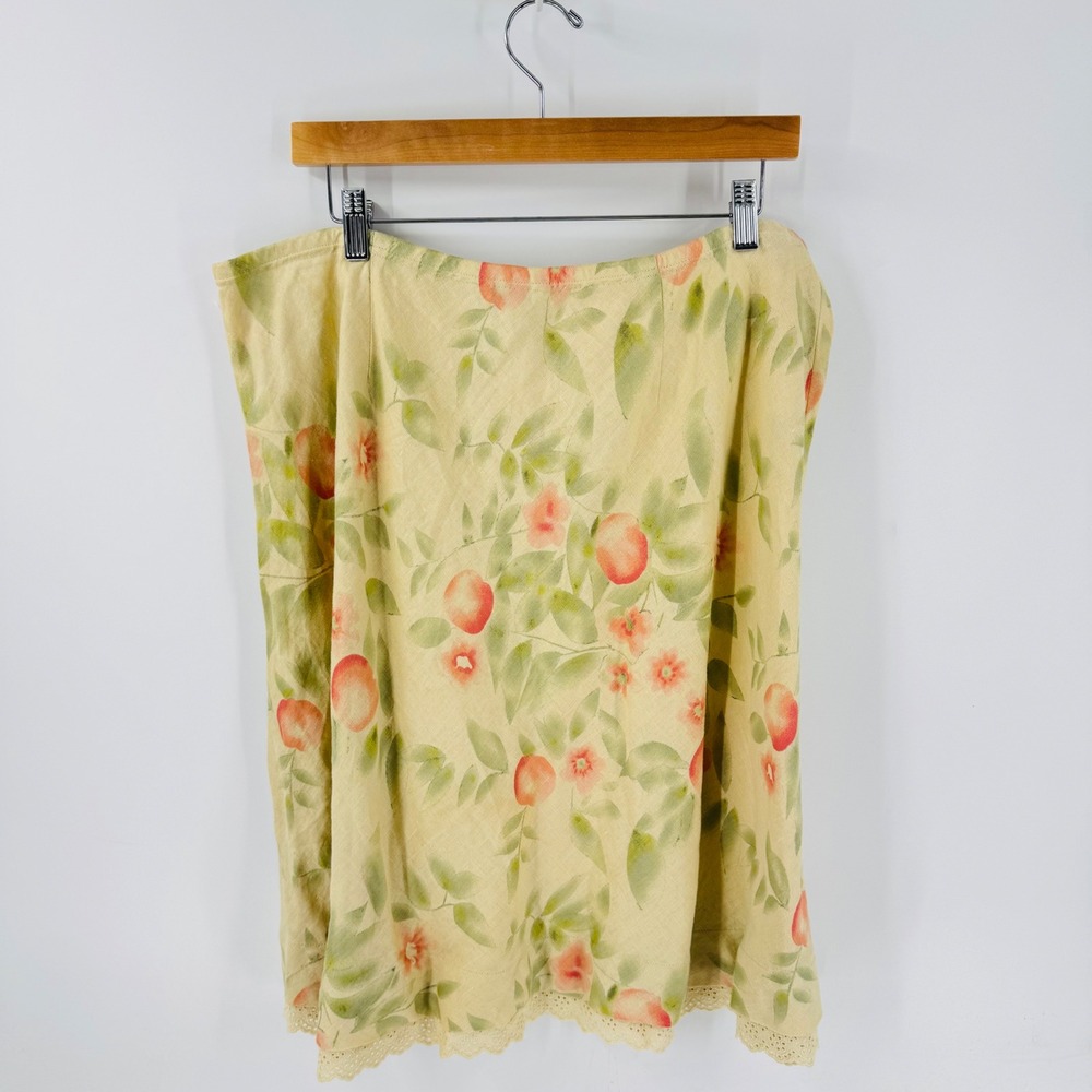 Vintage J. Jill Linen Tan Peach Floral Size XL Eyelet Lace Hem Fruit Cottage - Picture 2 of 7